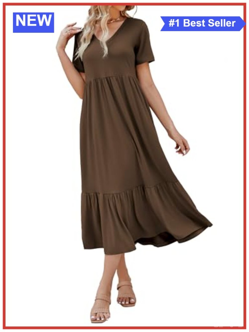 Women's Summer Short Sleeve V Neck Tiered Maxi Dress with Pockets Flowy Beach